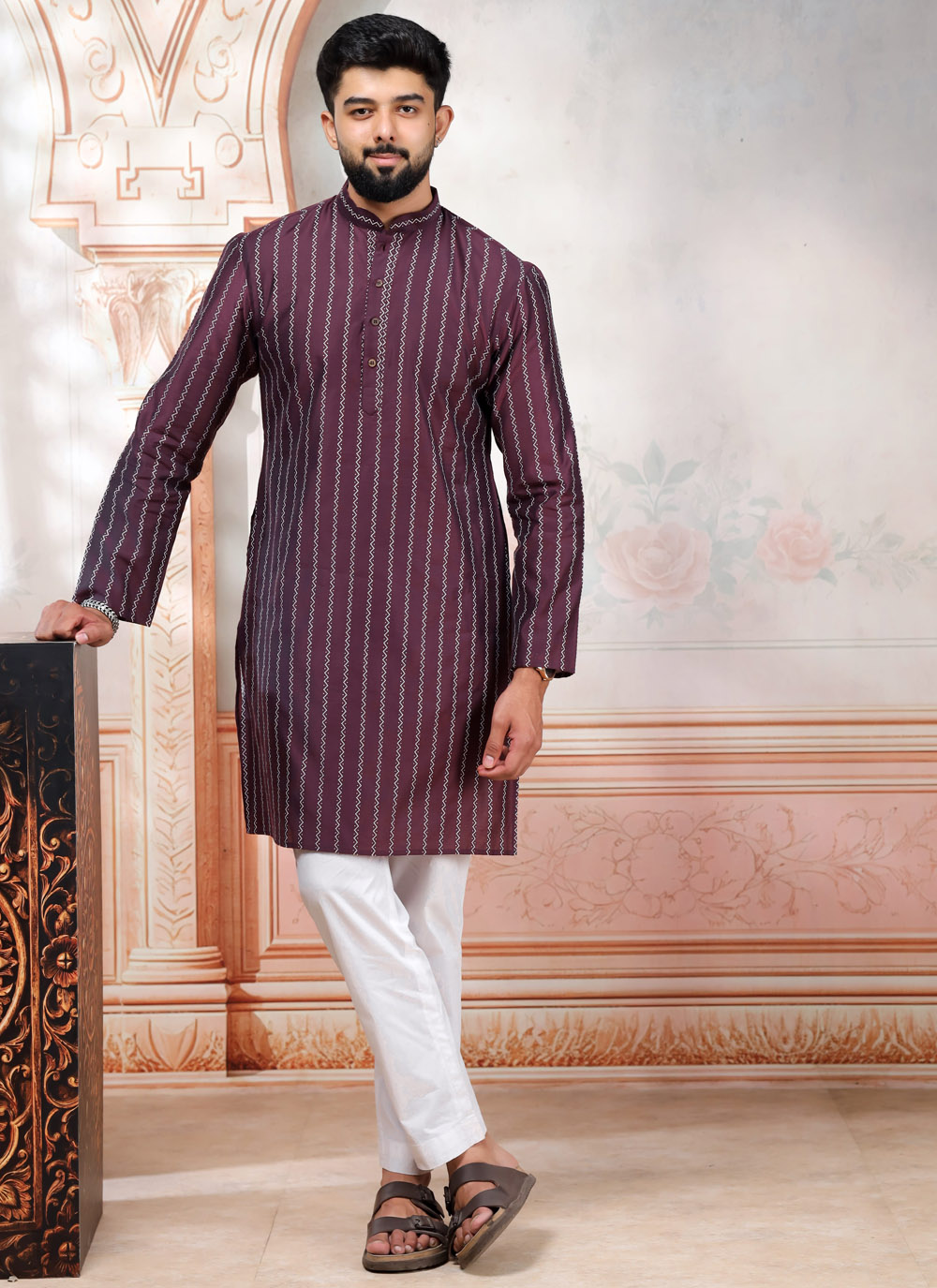Cotton Wine Woven Festival Wear Kurta Pyjama - Buy Online