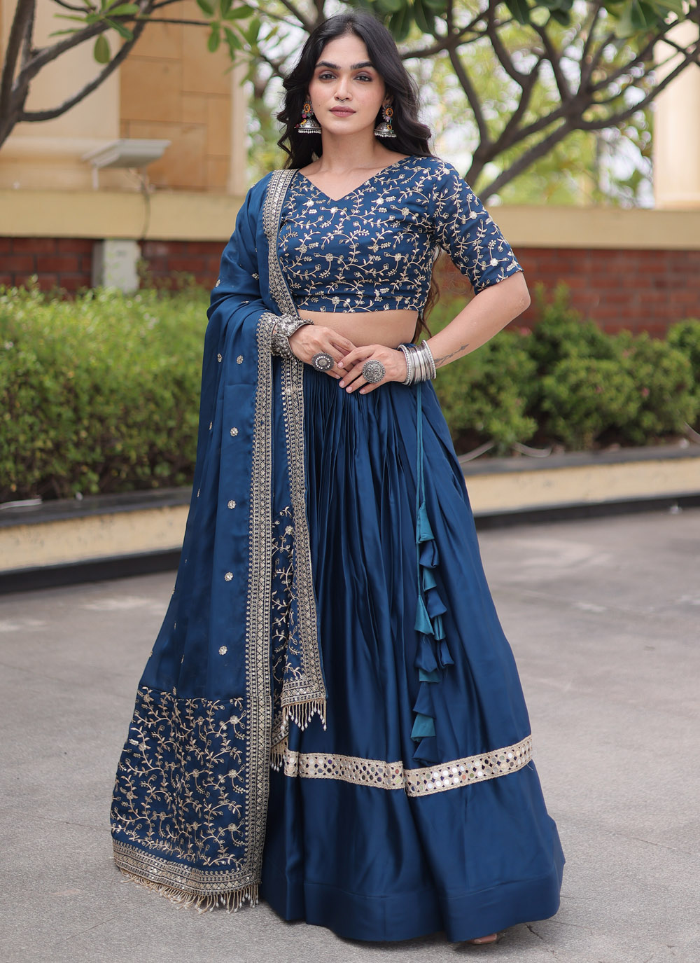 Blue Satin Sequins Zari Embroidered Lehenga Choli for Festival - Buy Online