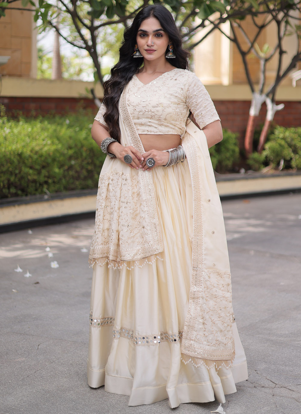 Cream Zari Sequins Embroidered Satin Lehenga Choli - Buy Online