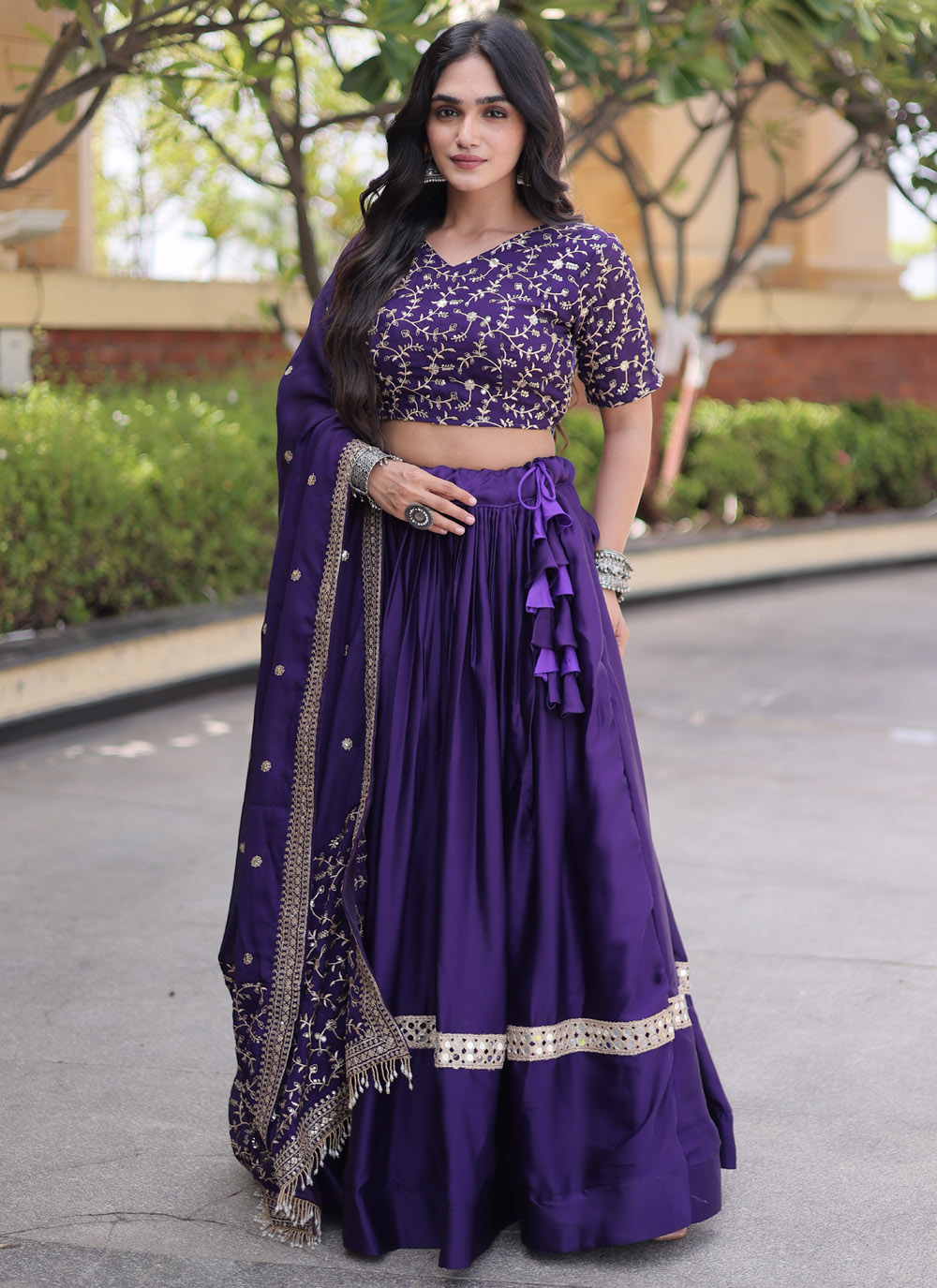 Embroidered Purple Satin Designer Lehenga Choli - Buy Online