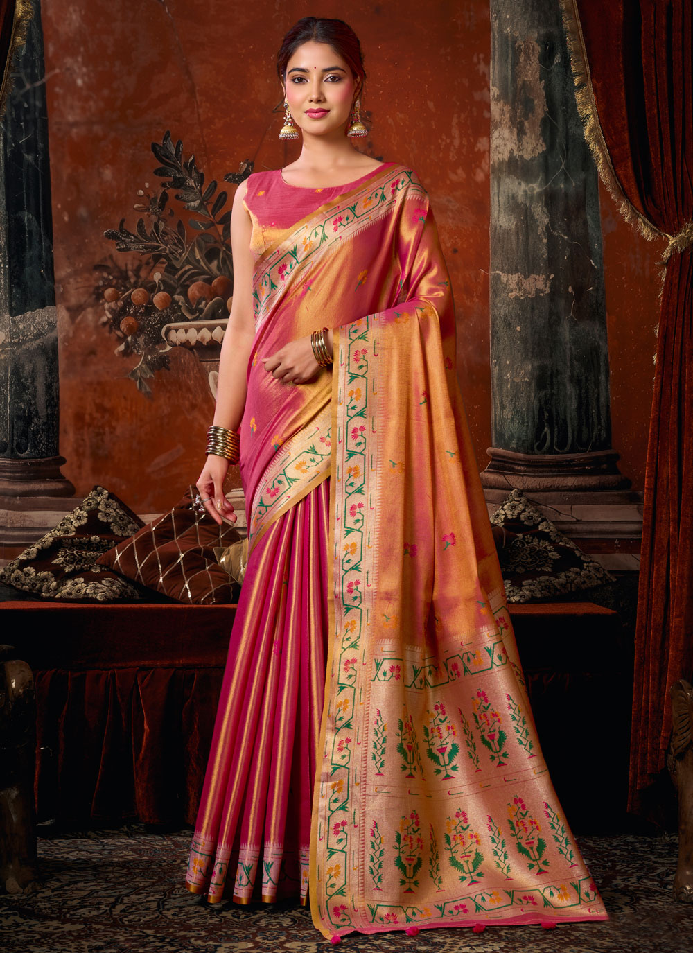 Pink Tissue Silk Woven Trendy Saree for Women - Buy Online