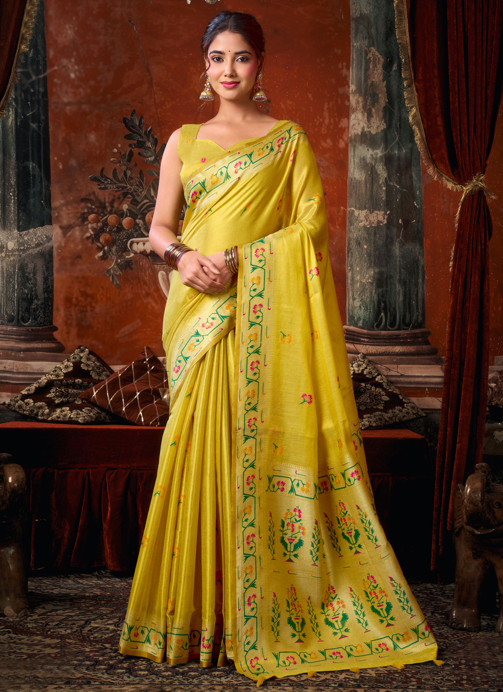 Tissue Silk Woven Yellow Traditional Saree - Buy Online