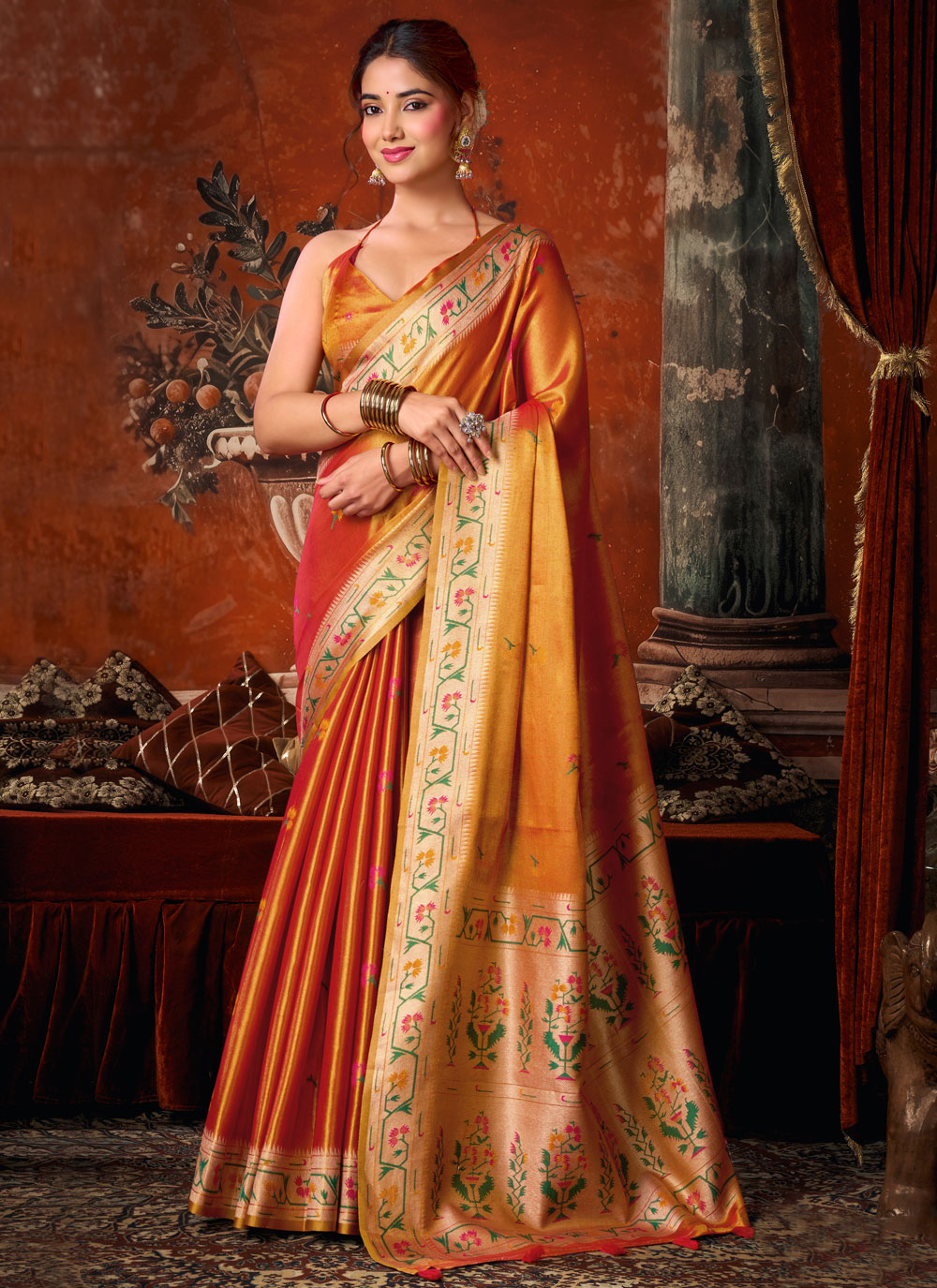 Woven Tissue Silk Classic Saree in Orange Colour