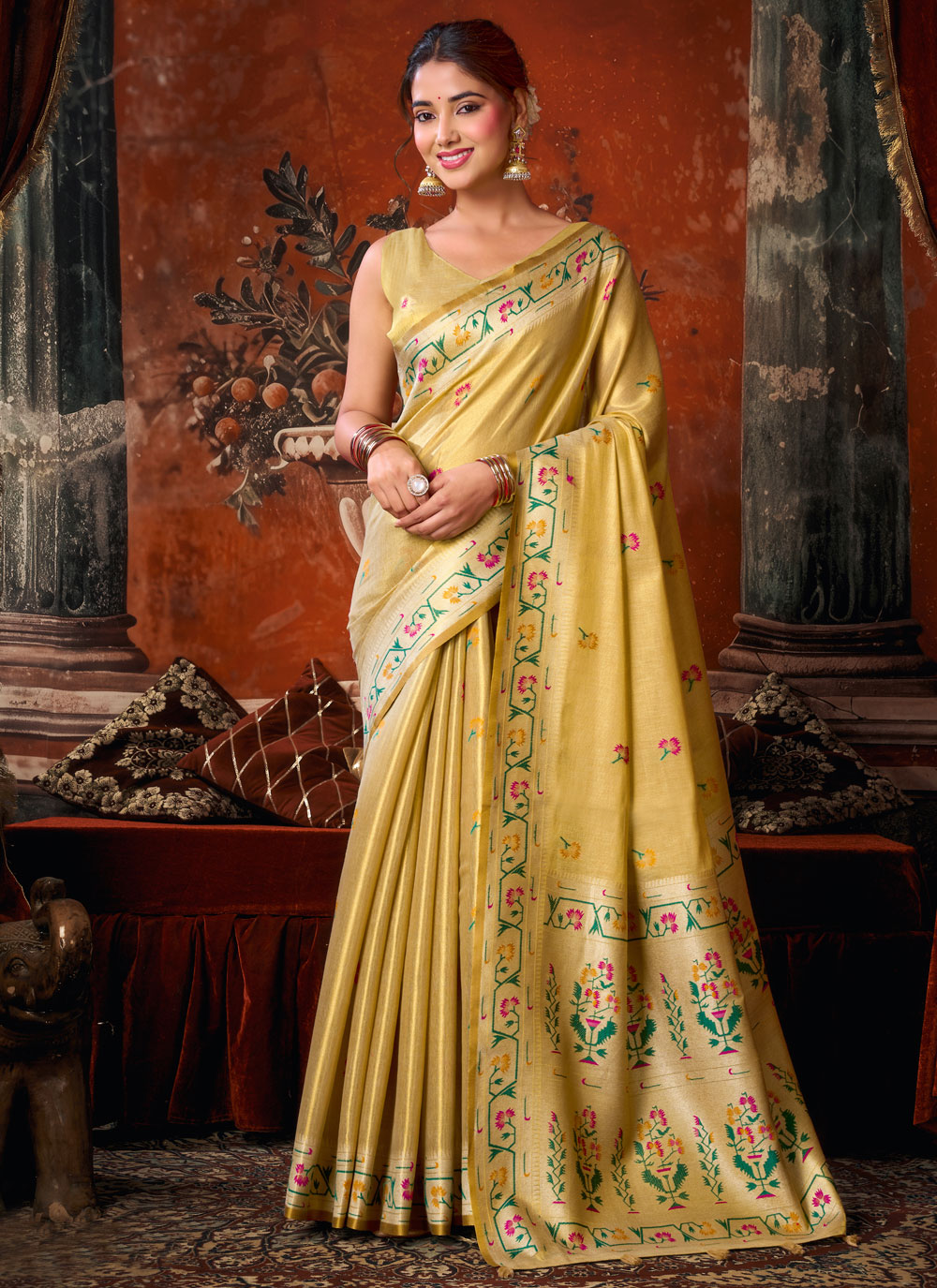 Yellow Woven Work Tissue Saree for Ceremonial - Buy Online