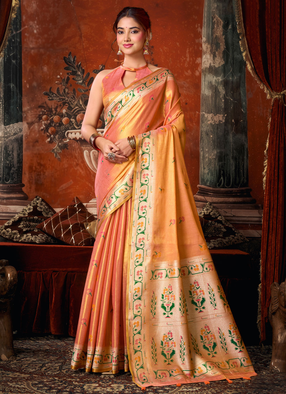 Woven Tissue Silk Peach Classic Saree - Buy Online