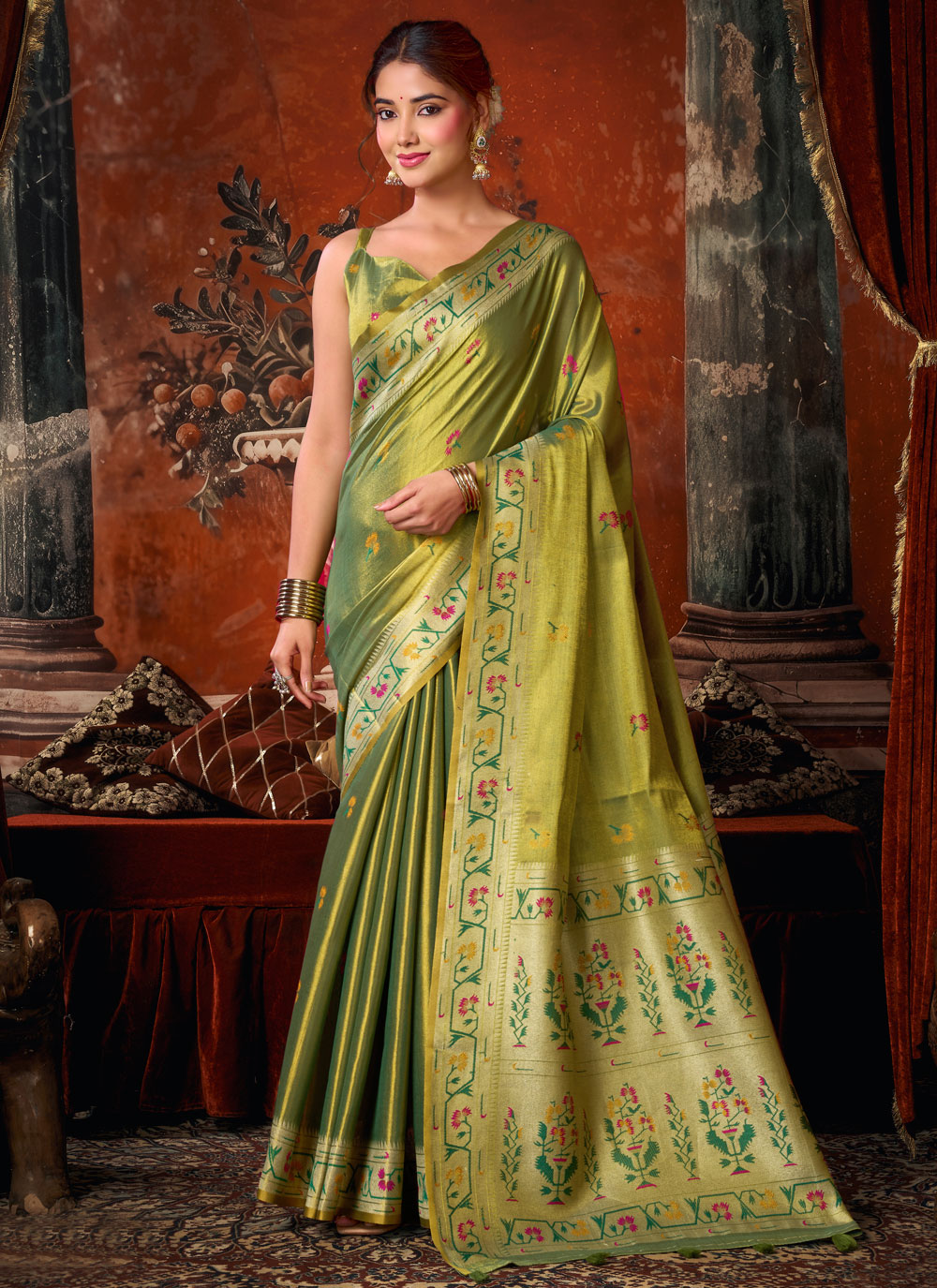 Green Tissue Silk Woven Work Contemporary Saree - Buy Online