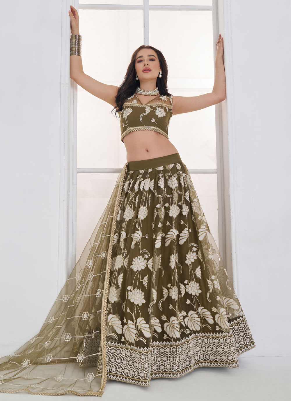 Green Net Sequins Thread Embroidered Trendy Lehenga Choli - Buy Online