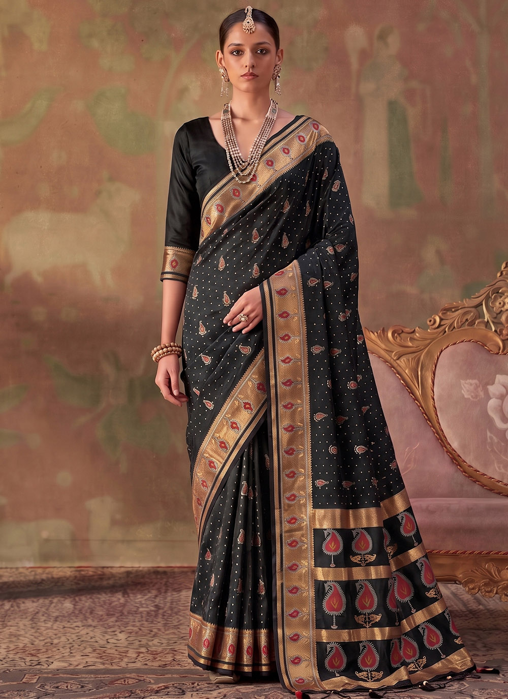 Black Zari Weaving Silk Party Wear Saree - Buy Online