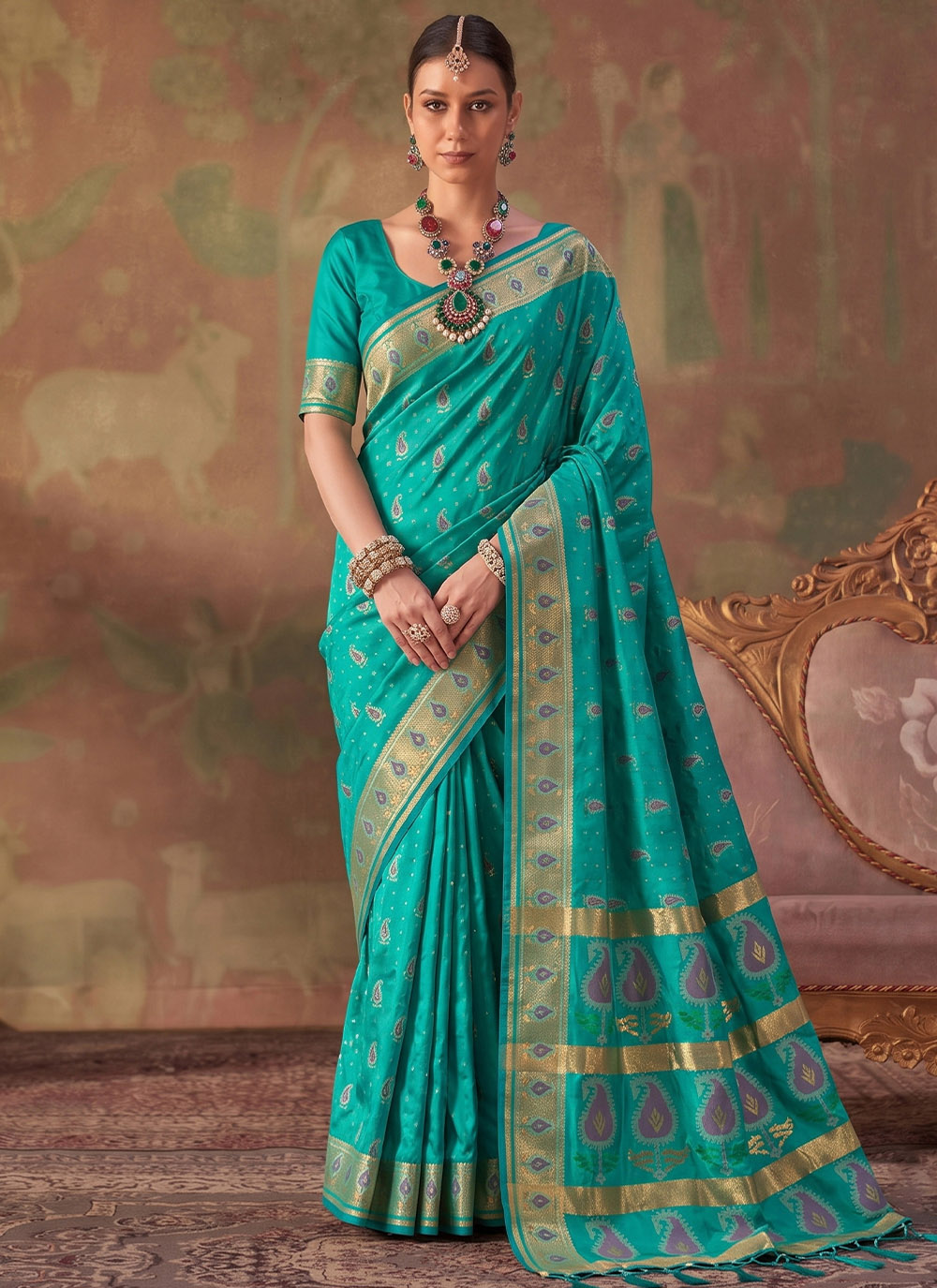 Zari Weaving Sea Green Classic Saree in Silk - Buy Online