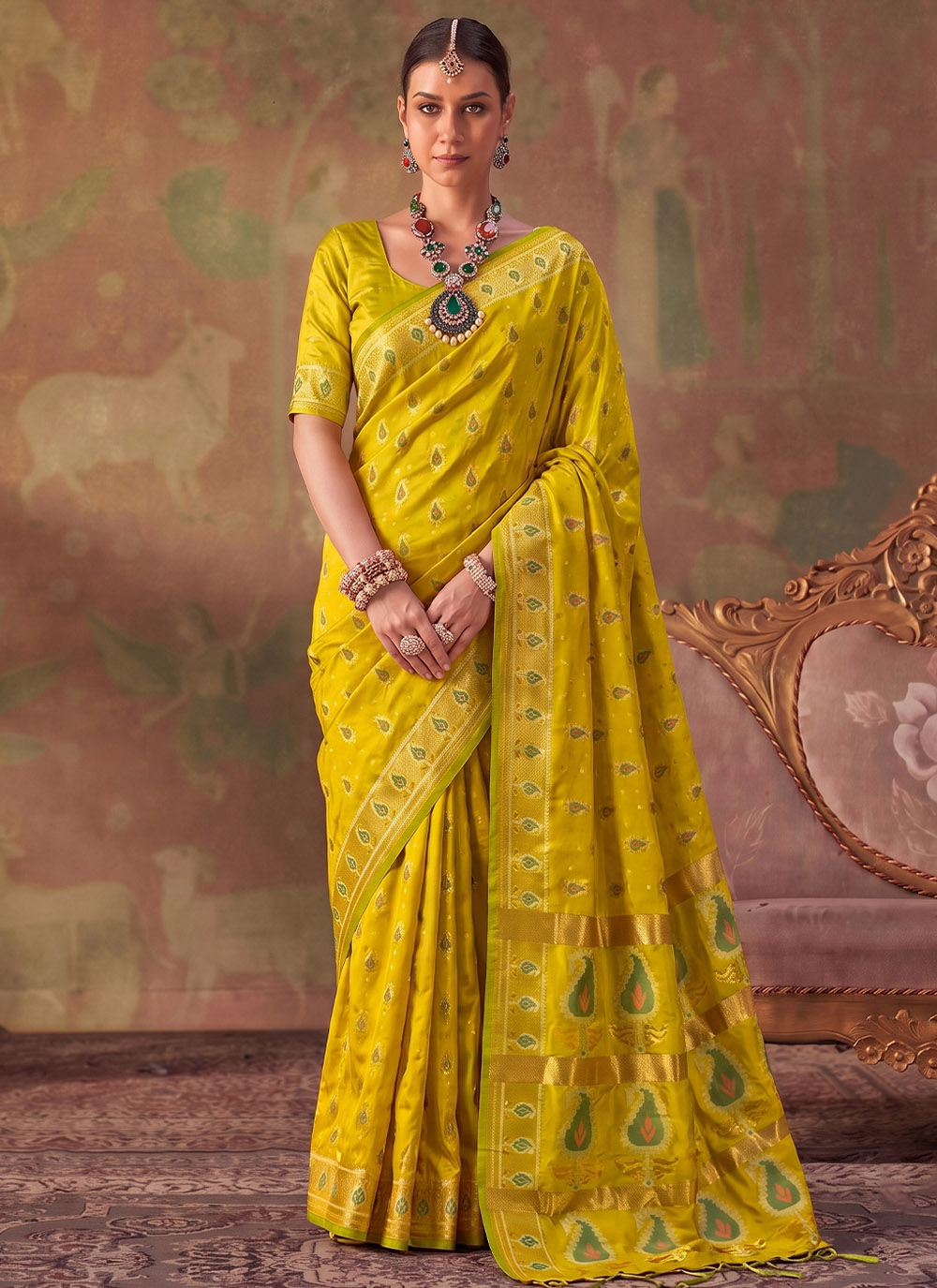 Yellow Zari Work Silk Traditional Saree for Festival - Buy Online