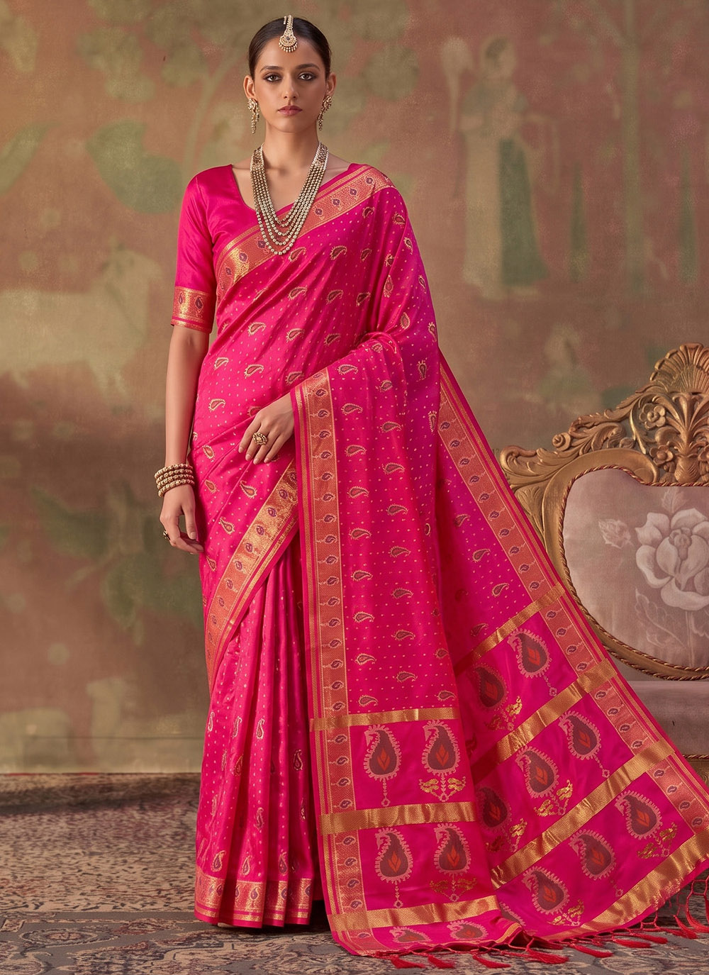Silk Pink Weaving Zari Work Trendy Saree - Buy Online
