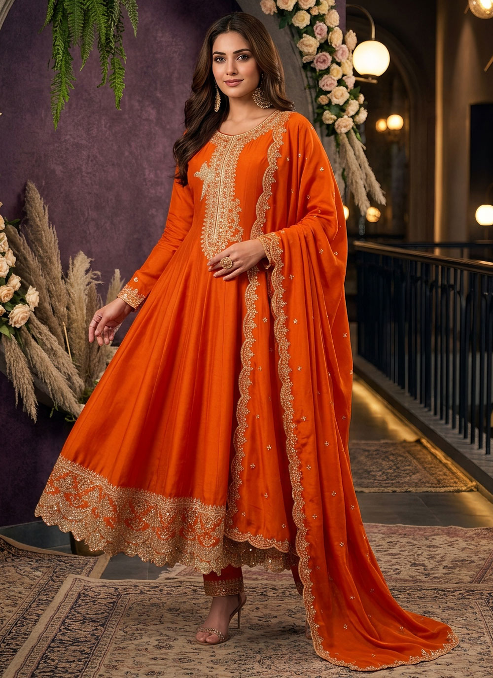 Silk Orange Sequins Zari Embroidered Anarkali Salwar Suit - Buy Online