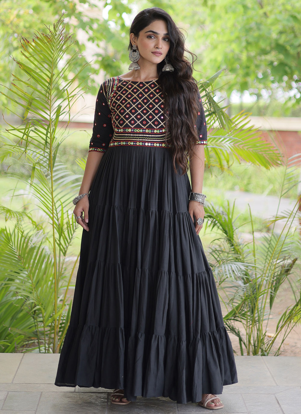 Black Cotton Multi Embroidered Designer Gown - Buy Online