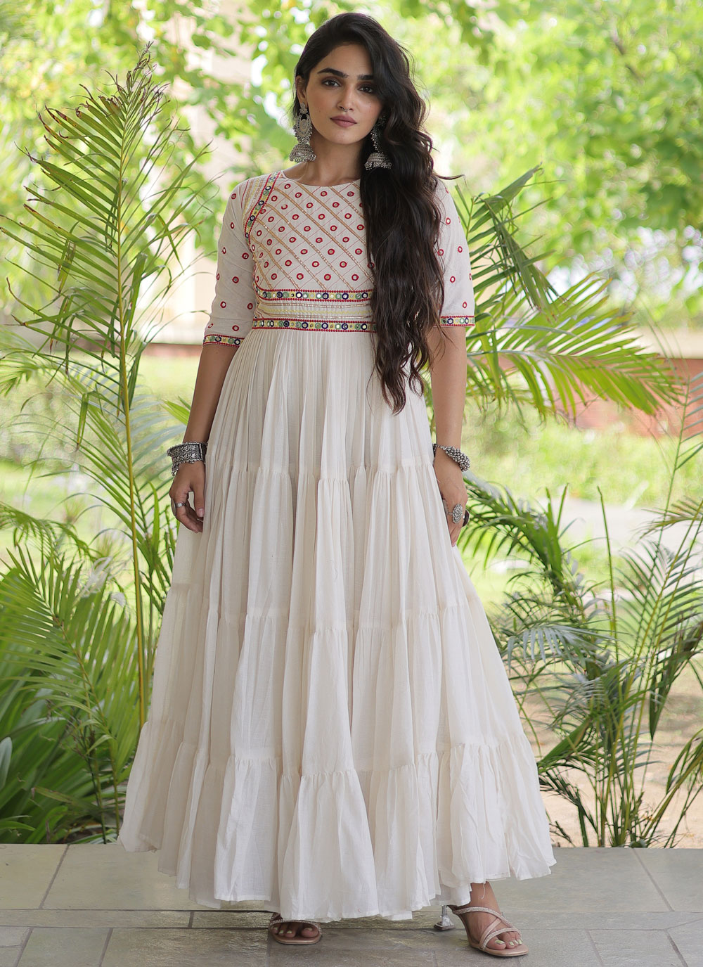 Cotton White Mirror Gota Patti Embroidered Readymade Gown - Buy Online