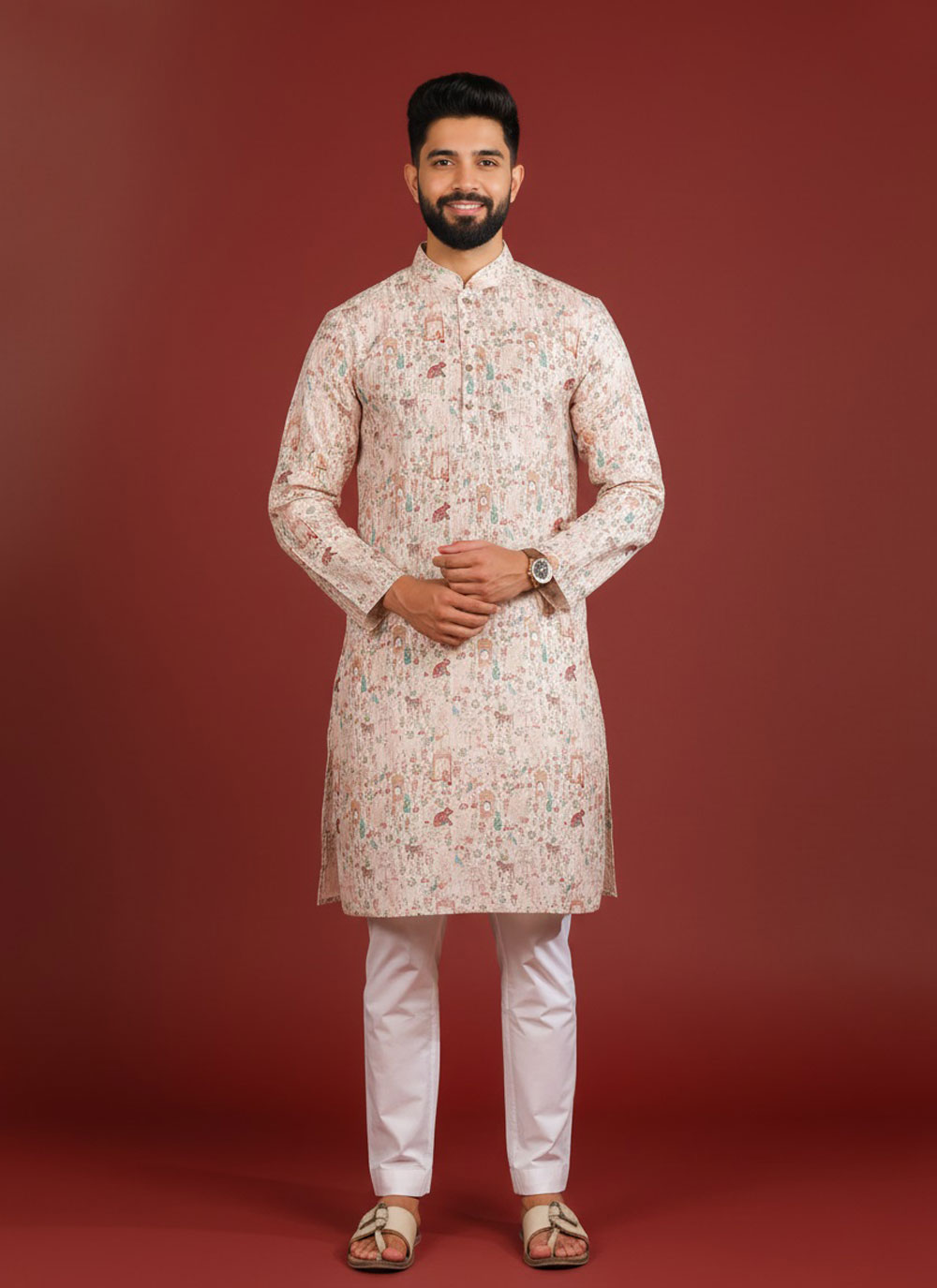 Beige Cotton Woven and Printed Kurta Pyjama - Buy Online