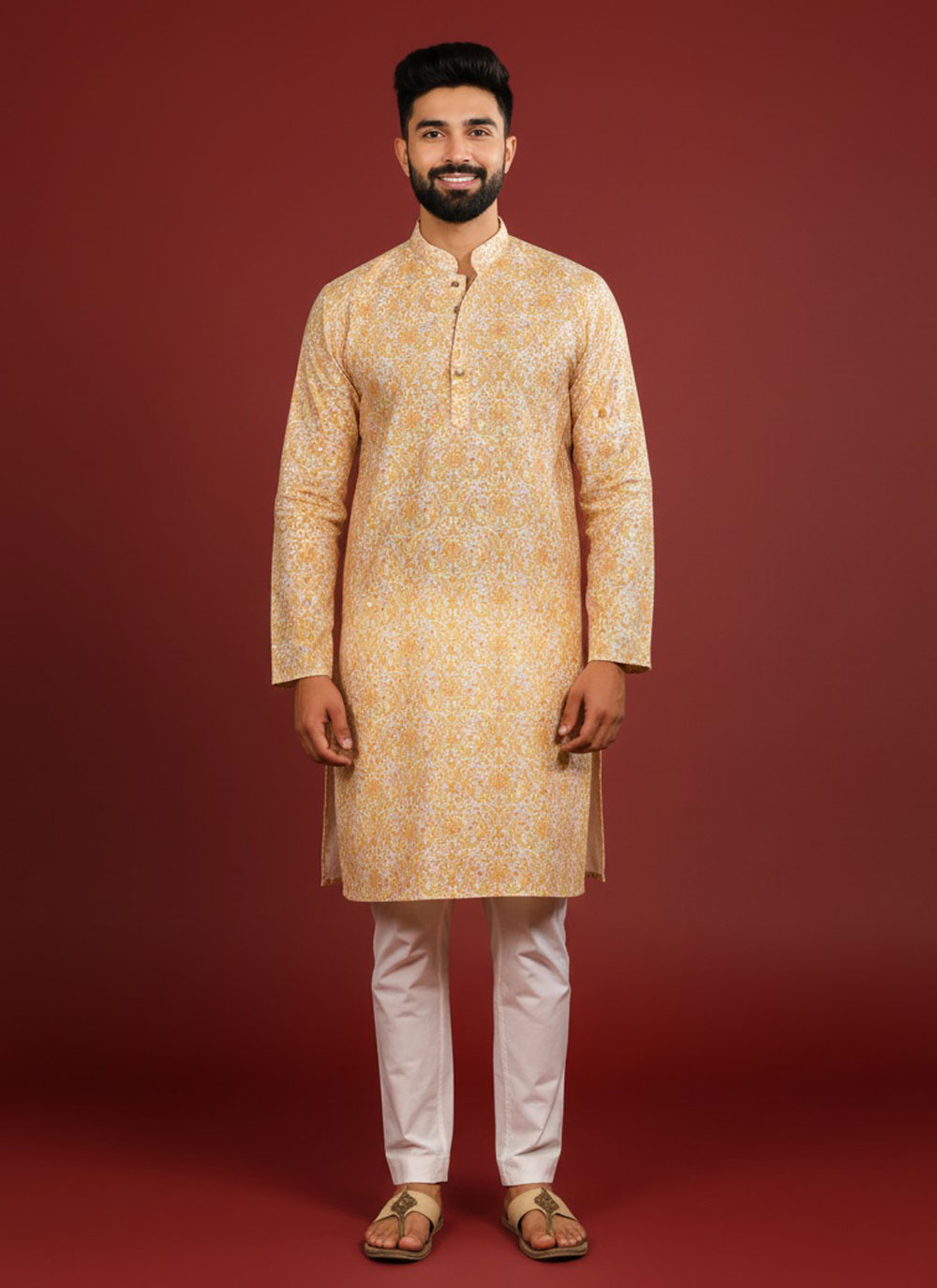 Gold Colour Woven and Digital Printed Cotton Kurta Pyjama - Buy Online