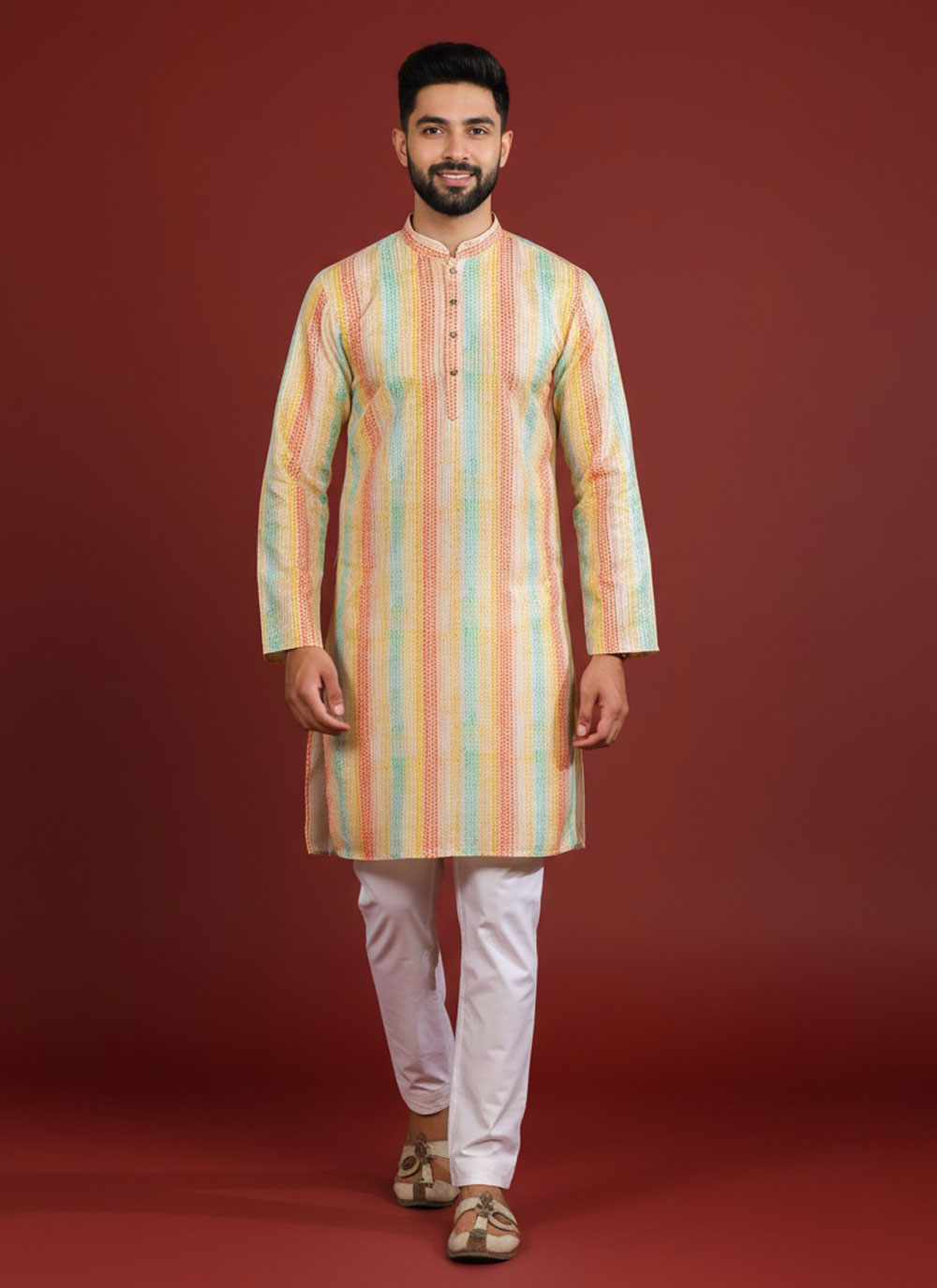 Multi Colour Art Silk Sequins Work Kurta Pyjama for Men - Buy Online