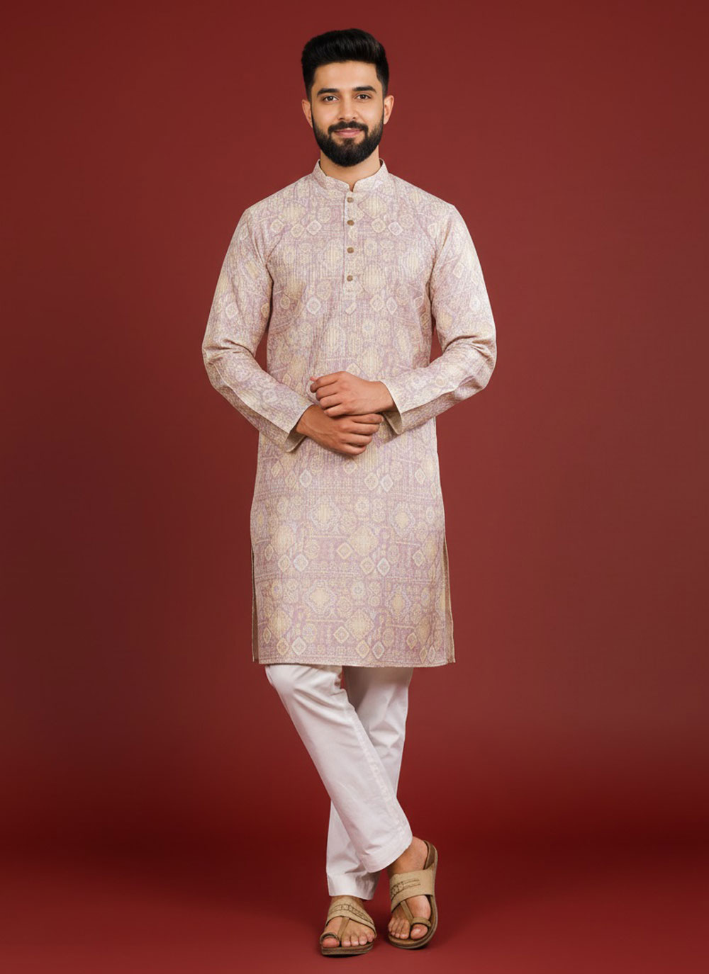 Lavender Digital Print Art Silk Kurta Pyjama - Buy Online