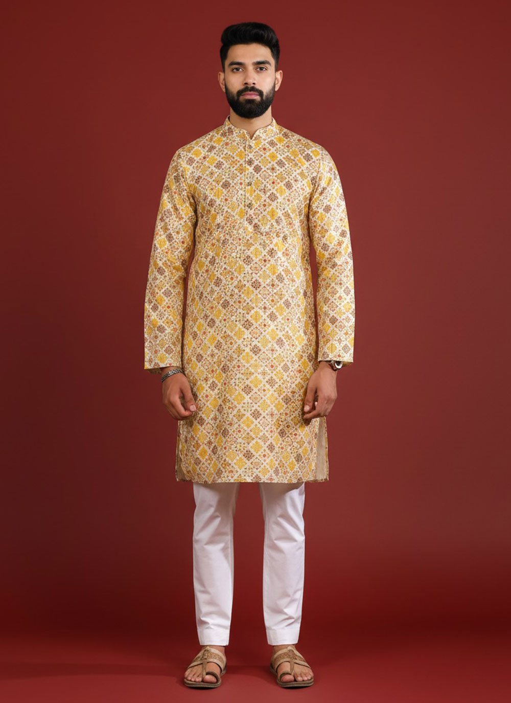 Mustard Art Silk Digital Print Festival Kurta Pyjama - Buy Online