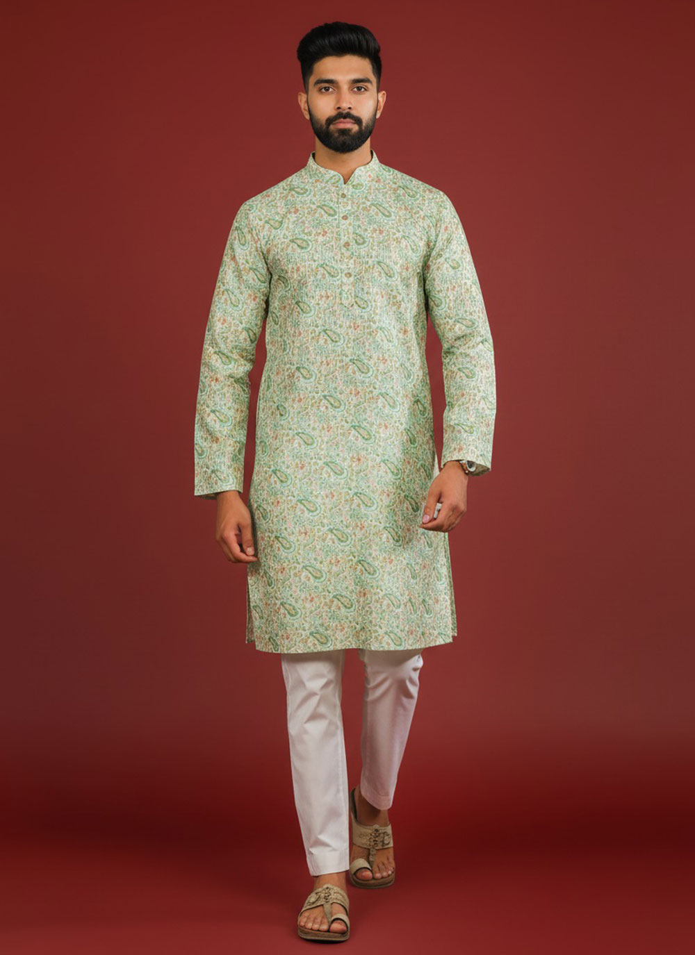 Art Silk Green Digital Print and Sequins Work Kurta Pyjama - Buy Online