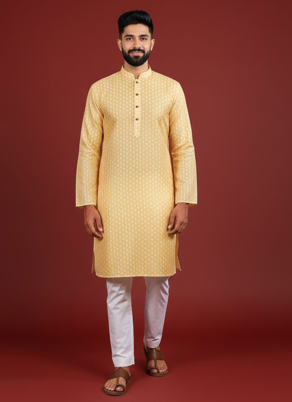 Yellow Sequins Work Art Silk Festival Kurta Pyjama - Buy Online