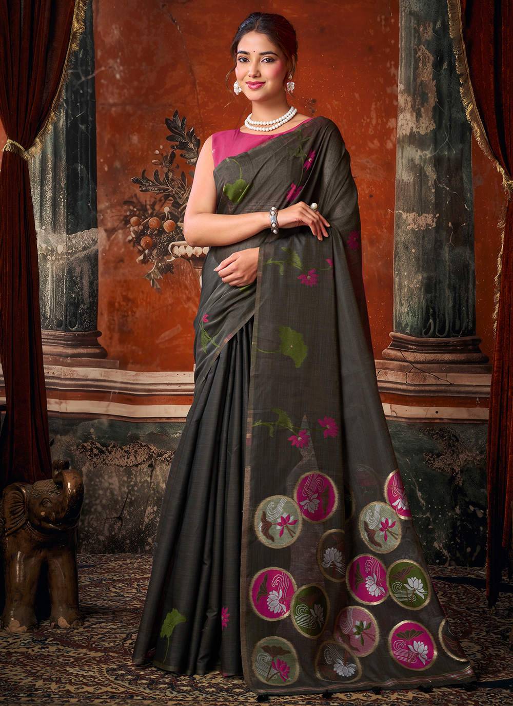 Khadi Cotton Woven Black Contemporary Saree - Buy Online