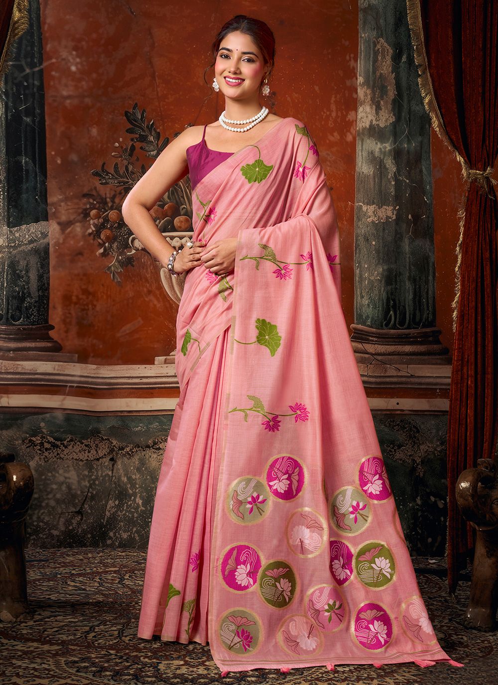 Pink Floral Woven Khadi Cotton Designer Saree - Buy Online