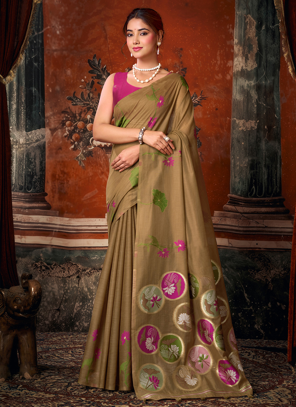 Woven Brown Khadi Cotton Classic Saree - Buy Online