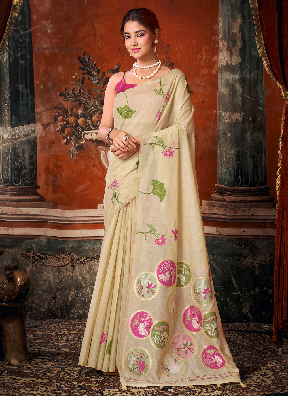 Cream Khadi Cotton Woven Trendy Saree for Festival - Buy Online