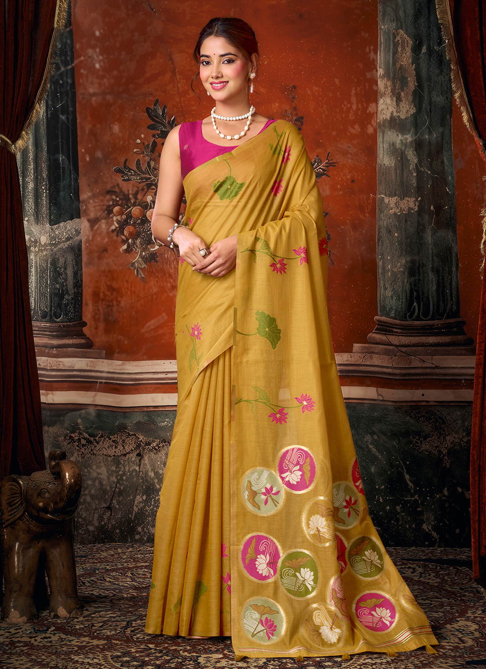 Woven Mustard Khadi Cotton Traditional Saree - Buy Online