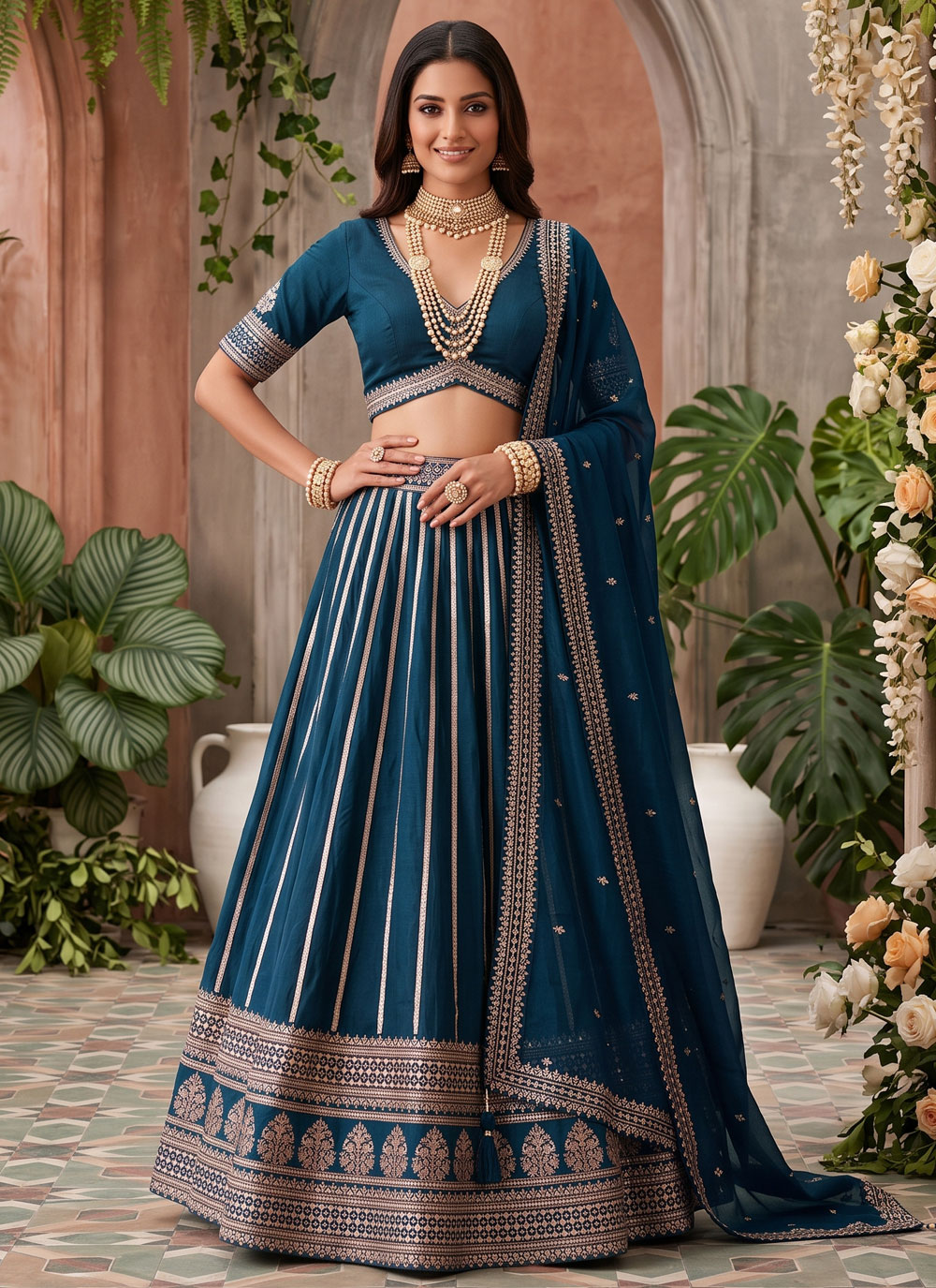 Teal Embroidered Silk Readymade Lehenga Choli - Buy Online
