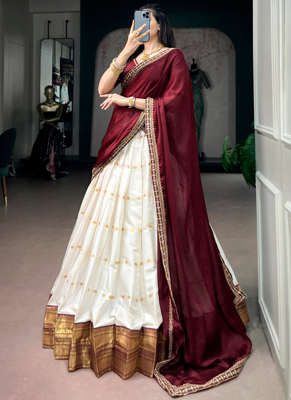 White and Maroon Cotton Silk Zari Weaving Lehenga Choli - Buy Online
