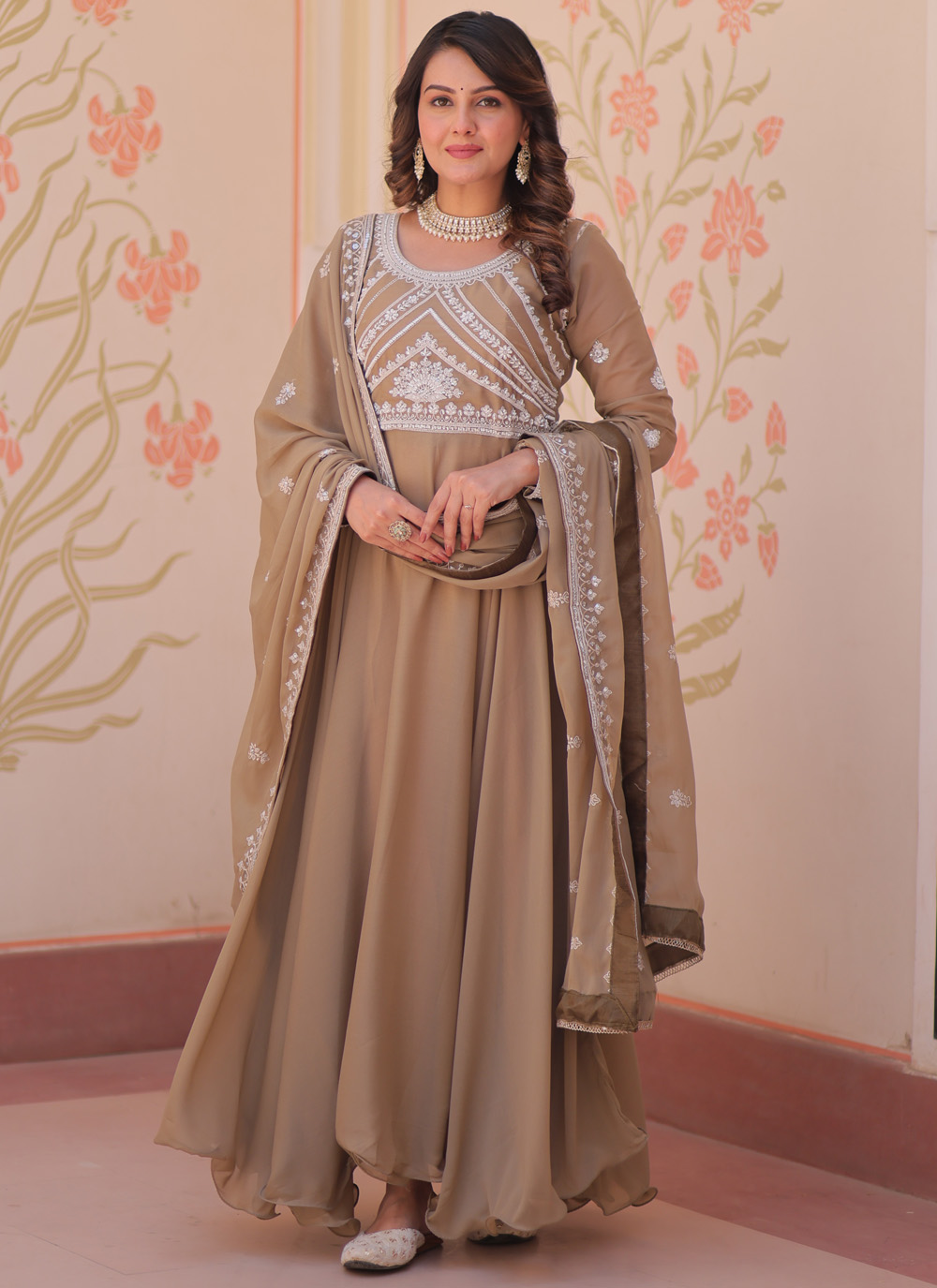 Georgette Beige Sequins Beads Embroidered Gown Dupatta Set - Buy Online