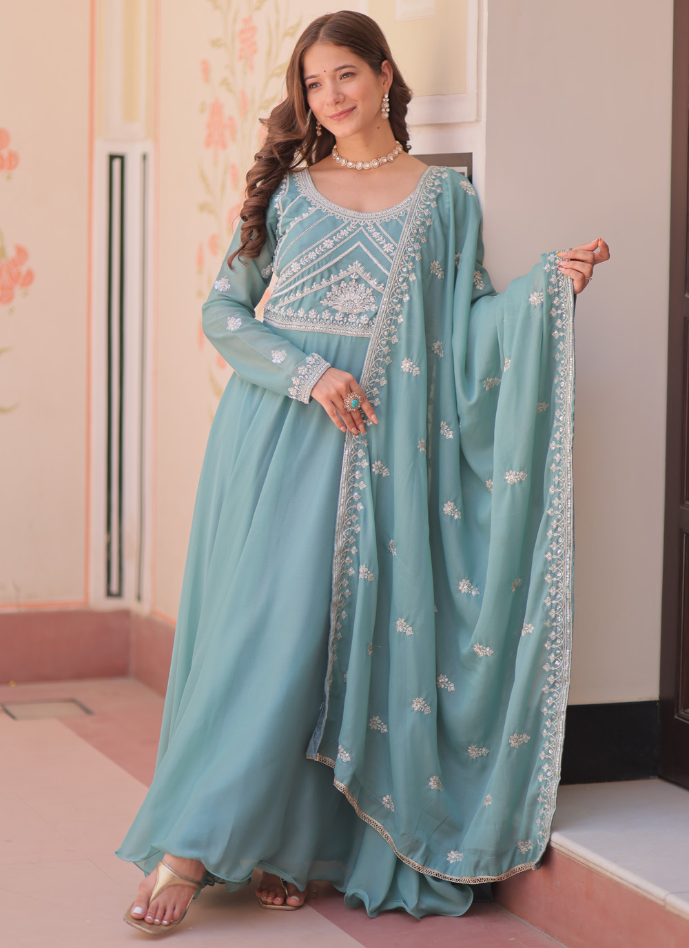 Aqua Blue Georgette Sequins Embroidered Readymade Gown - Buy Online