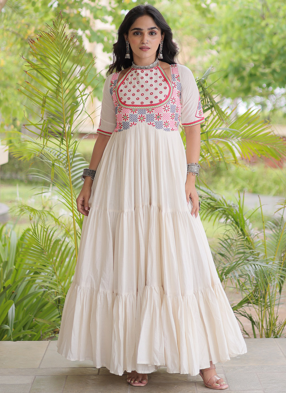 Cotton White Multi Thread Embroidered Festival Gown - Buy Online