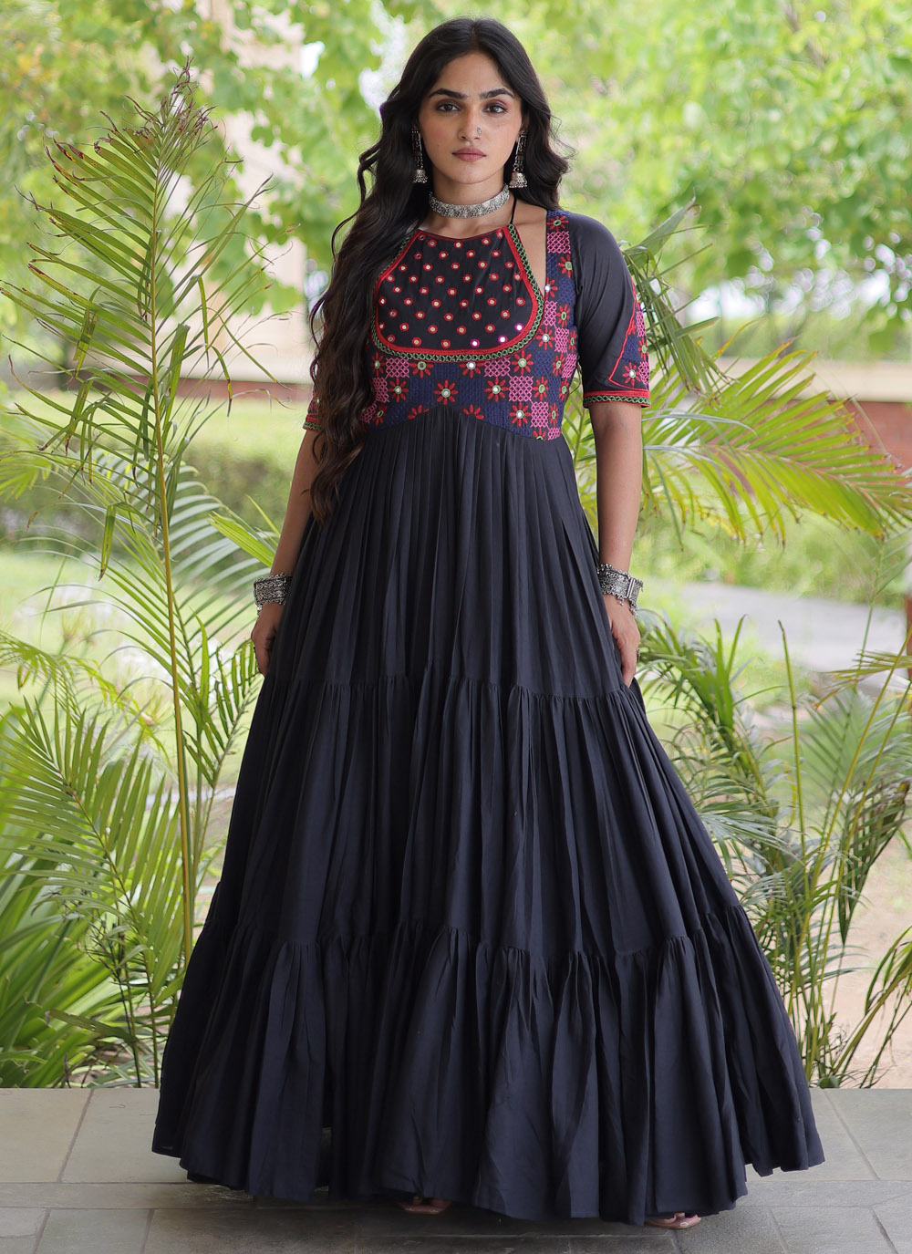 Black Mirror Thread Embroidered Cotton Readymade Gown - Buy Online