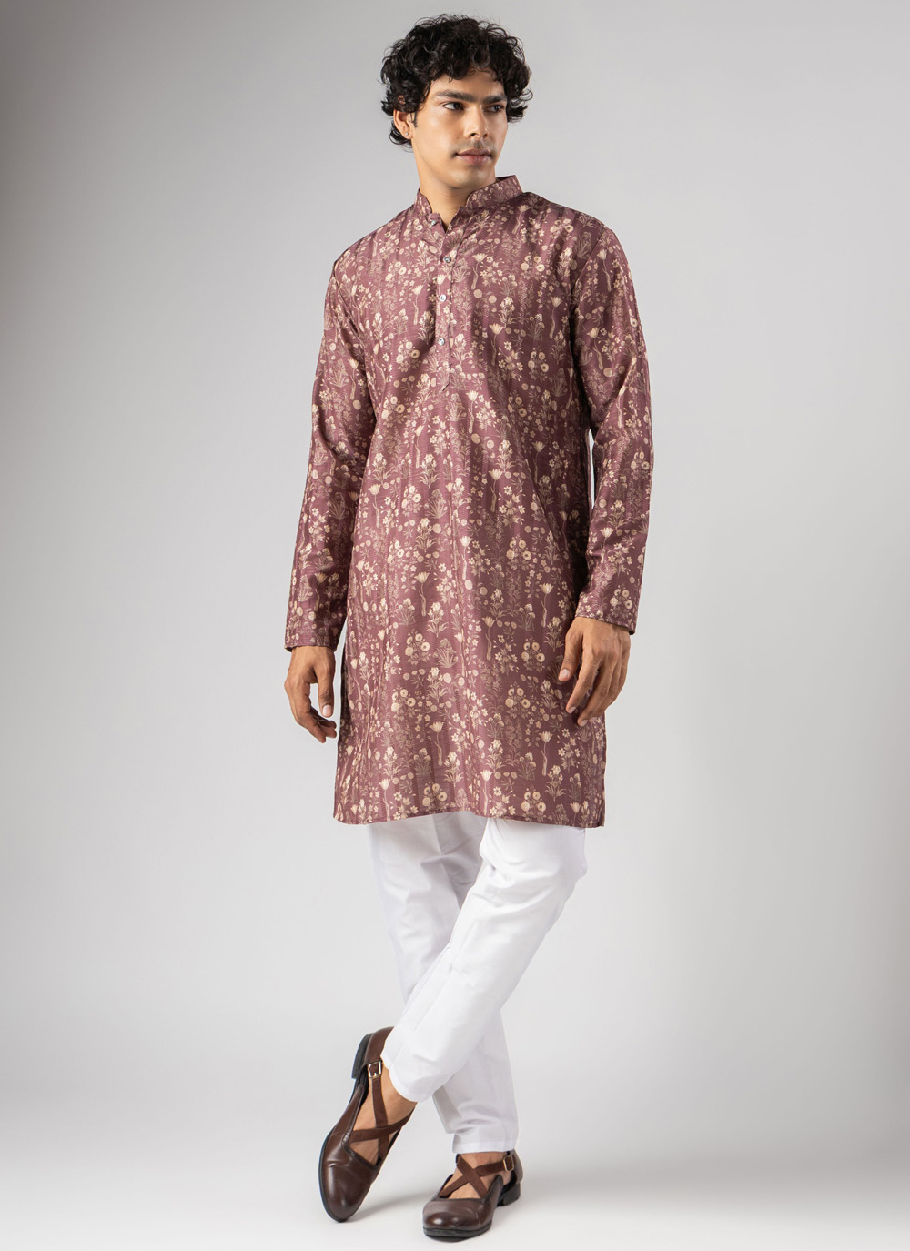 Brown Fancy Fabric Woven and Printed Kurta Pyjama - Buy Online