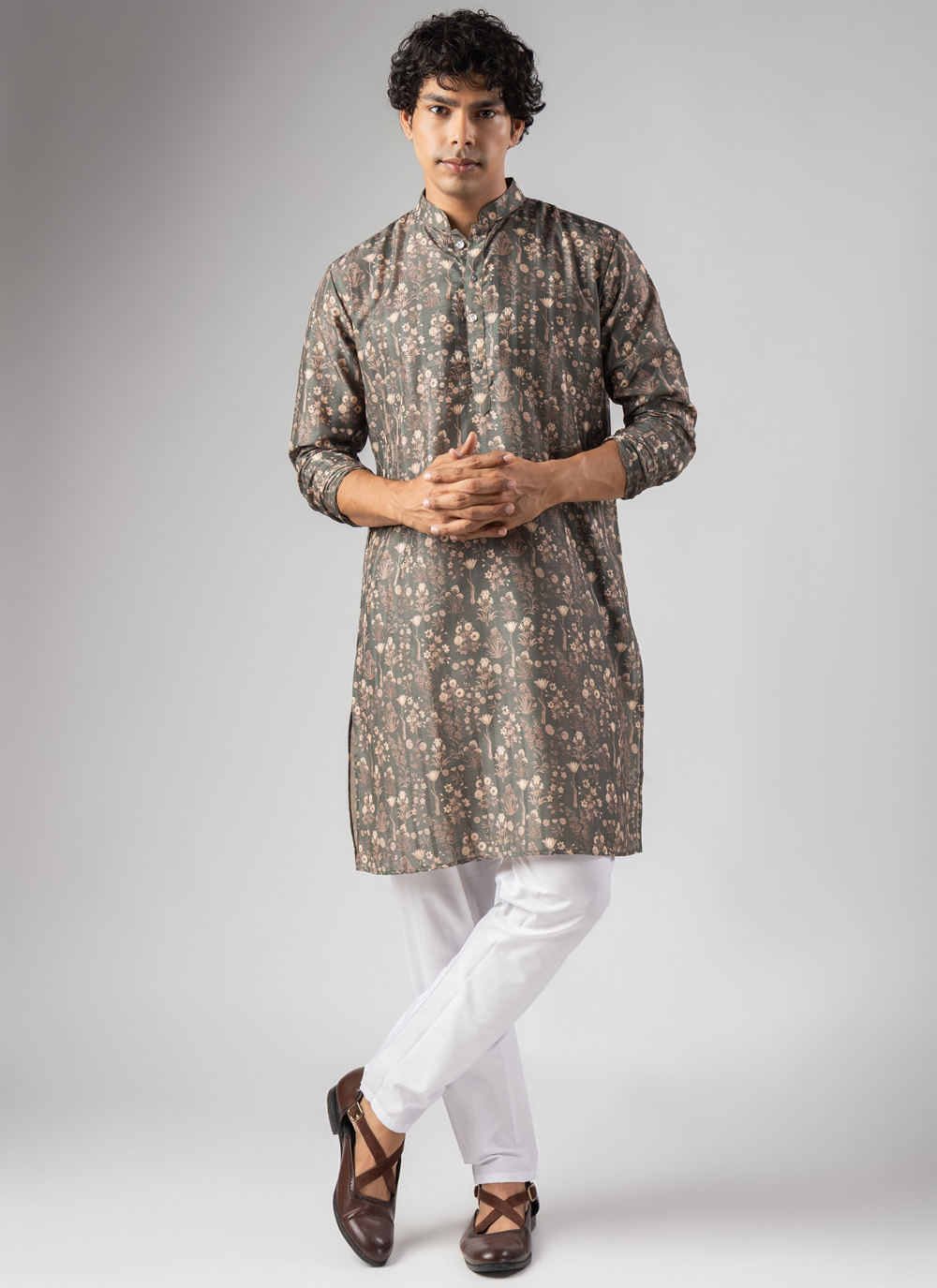 Fancy Fabric Printed Grey Kurta Pyjama for Men - Buy Online