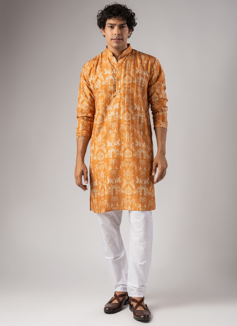 Printed Orange Fancy Fabric Kurta Pyjama for Festival - Buy Online