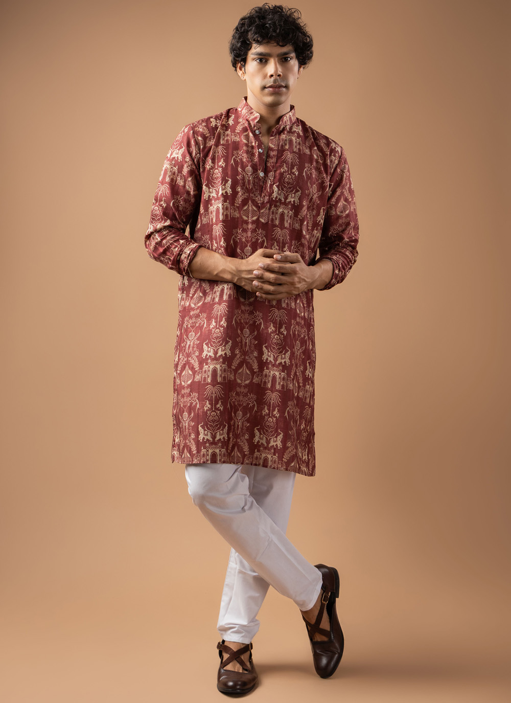 Fancy Fabric Printed Kurta Pyjama in Wine - Buy Online