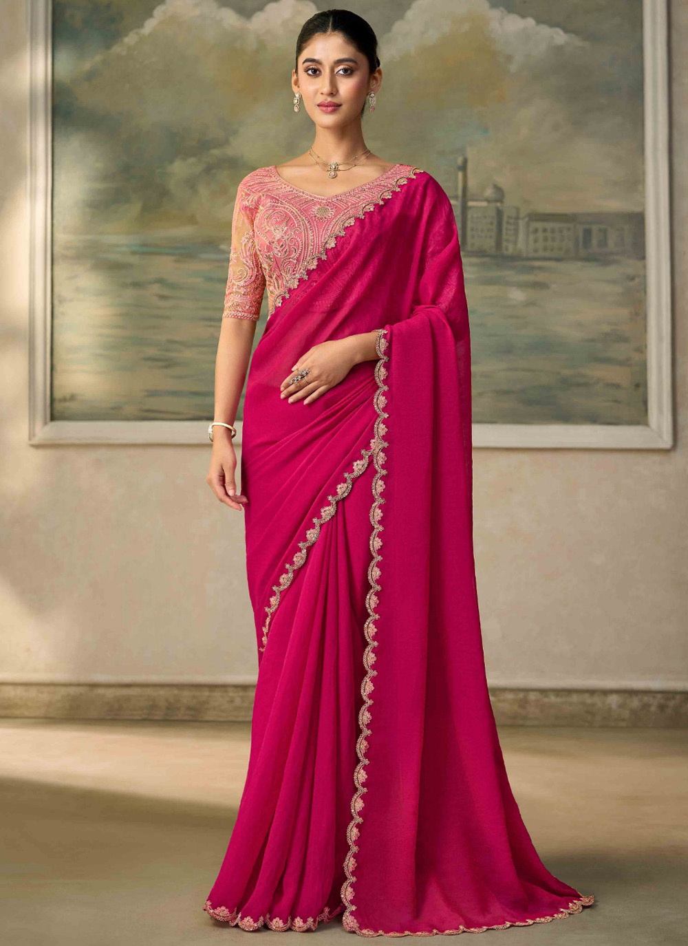 Pink Georgette Embroidered and Lace Work Trendy Saree - Buy Online
