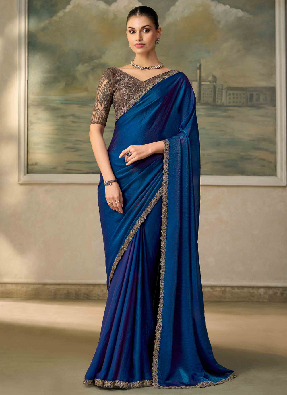 Satin Silk Blue Embroidered Lace Work Classic Saree - Buy Online