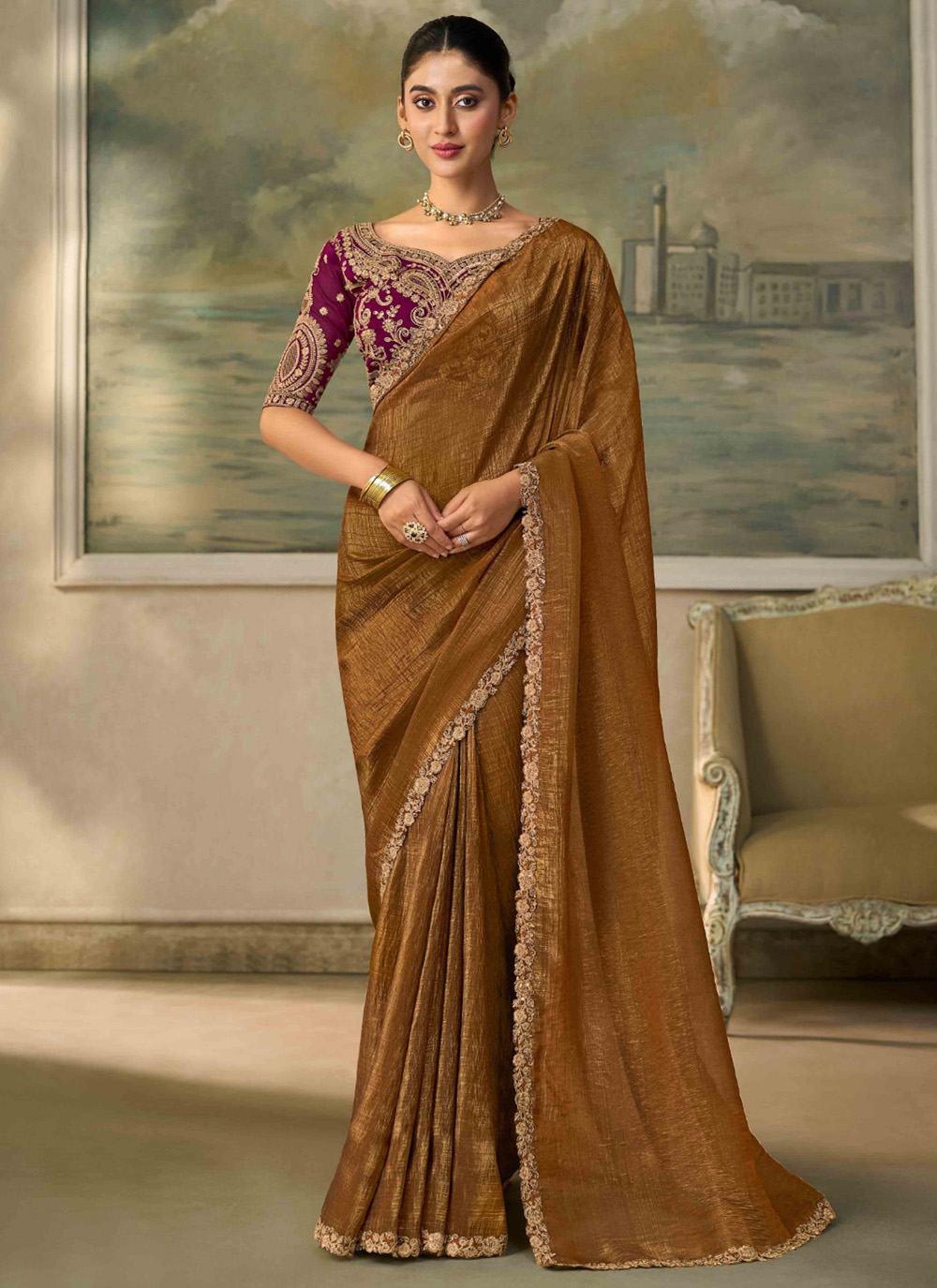 Embroidered Lace Work Brown Georgette Designer Saree - Buy Online