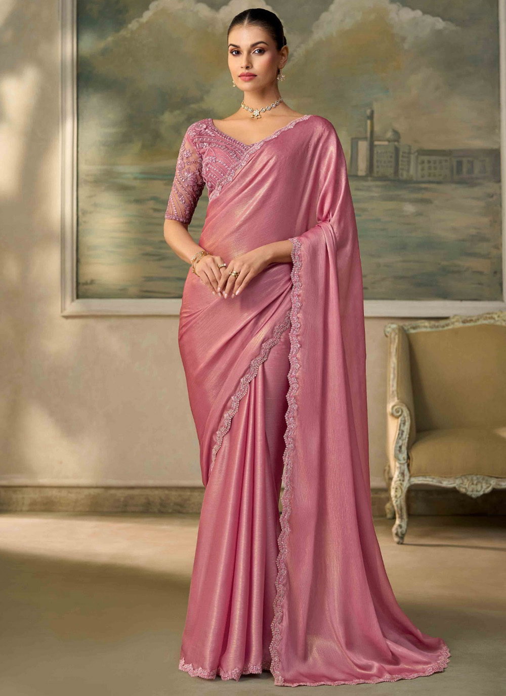 Pink Chiffon Lace and Embroidered Saree for Ceremonial - Buy Online