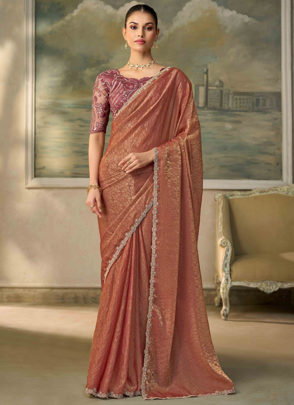 Georgette Brown Border Embroidered Classic Saree - Buy Online