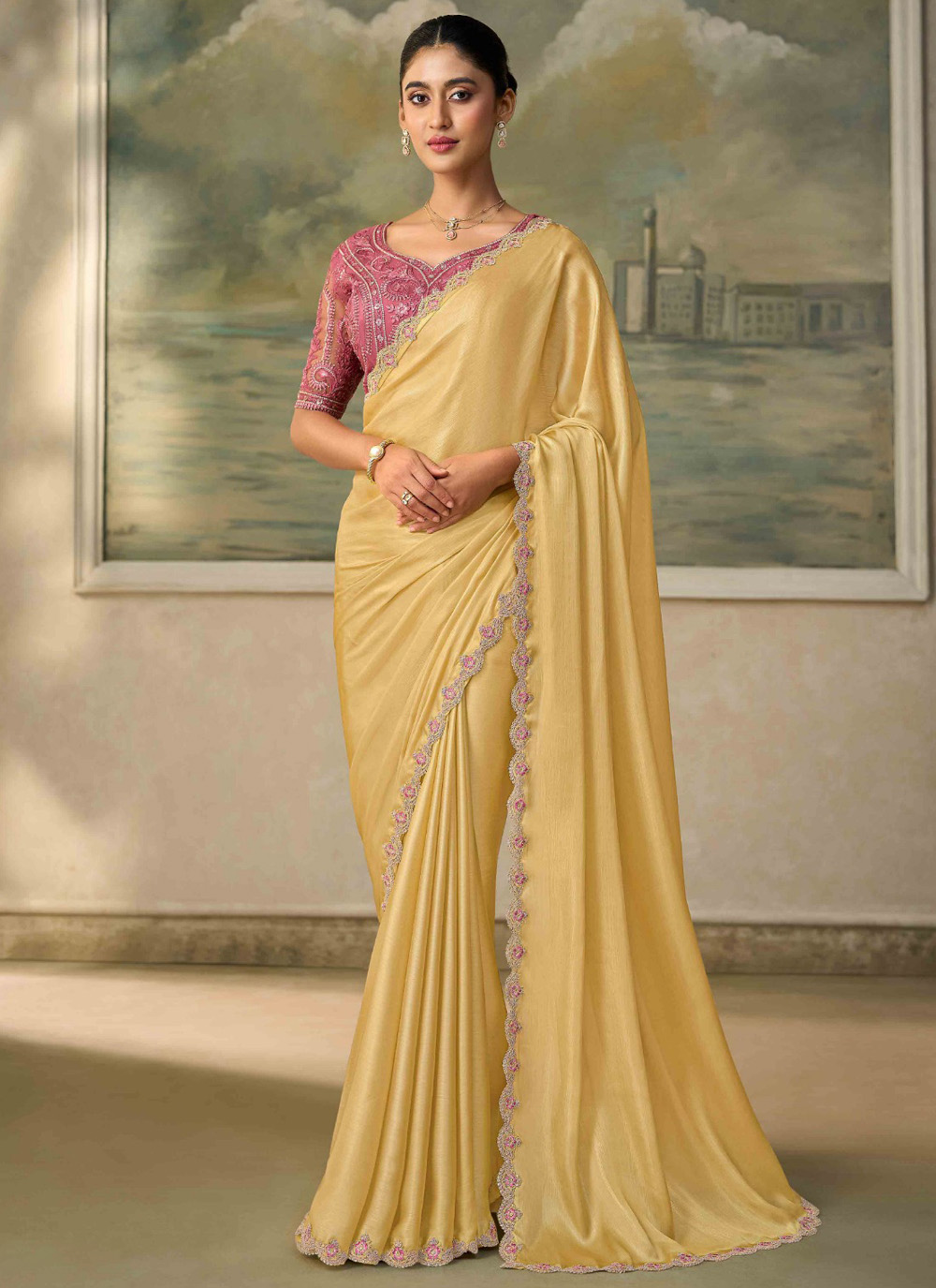 Yellow Chiffon Embroidered Ceremonial Designer Saree - Buy Online