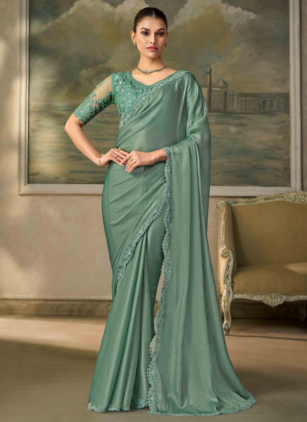 Border Embroidered Sea Green Chiffon Contemporary Saree - Buy Online