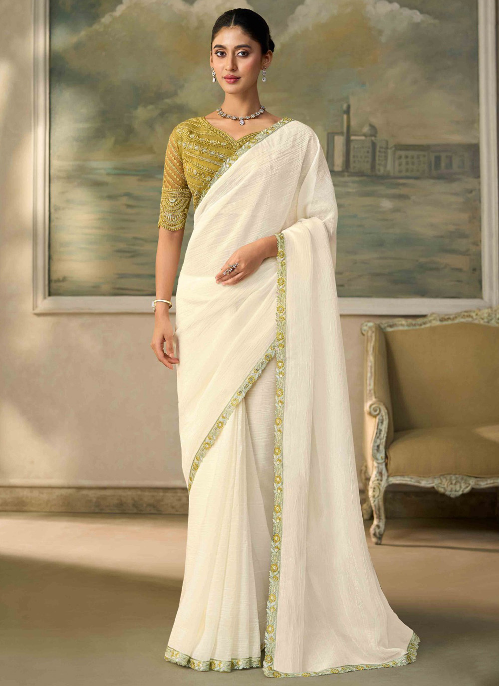 White Chiffon Embroidered Traditional Saree for Festival - Buy Online