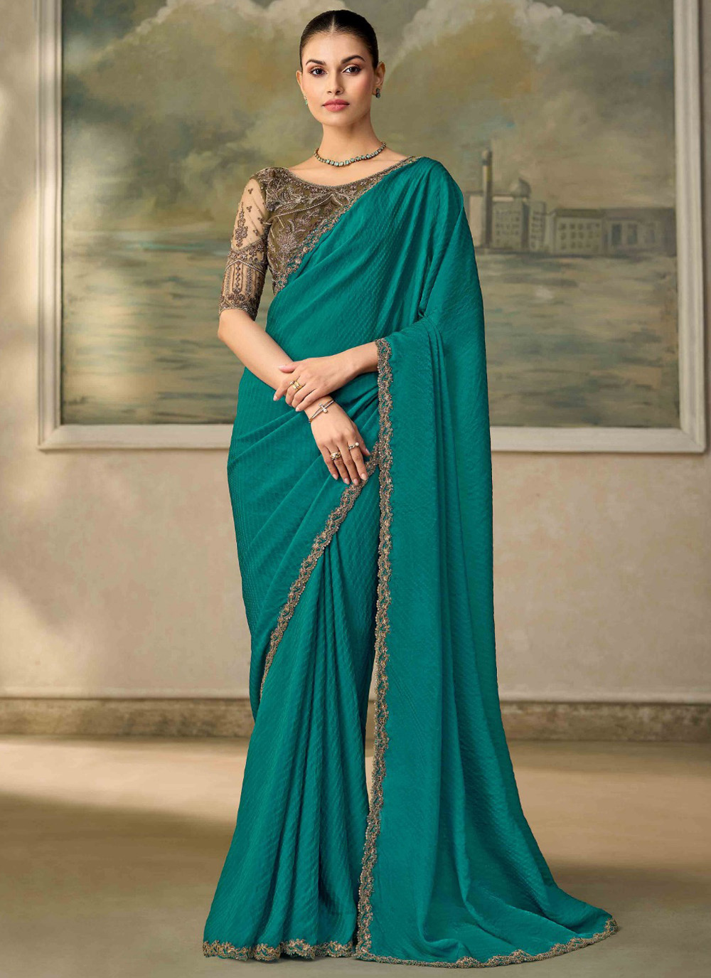 Teal Satin Georgette Jacquard Embroidered Trendy Party Wear Saree - Buy Online