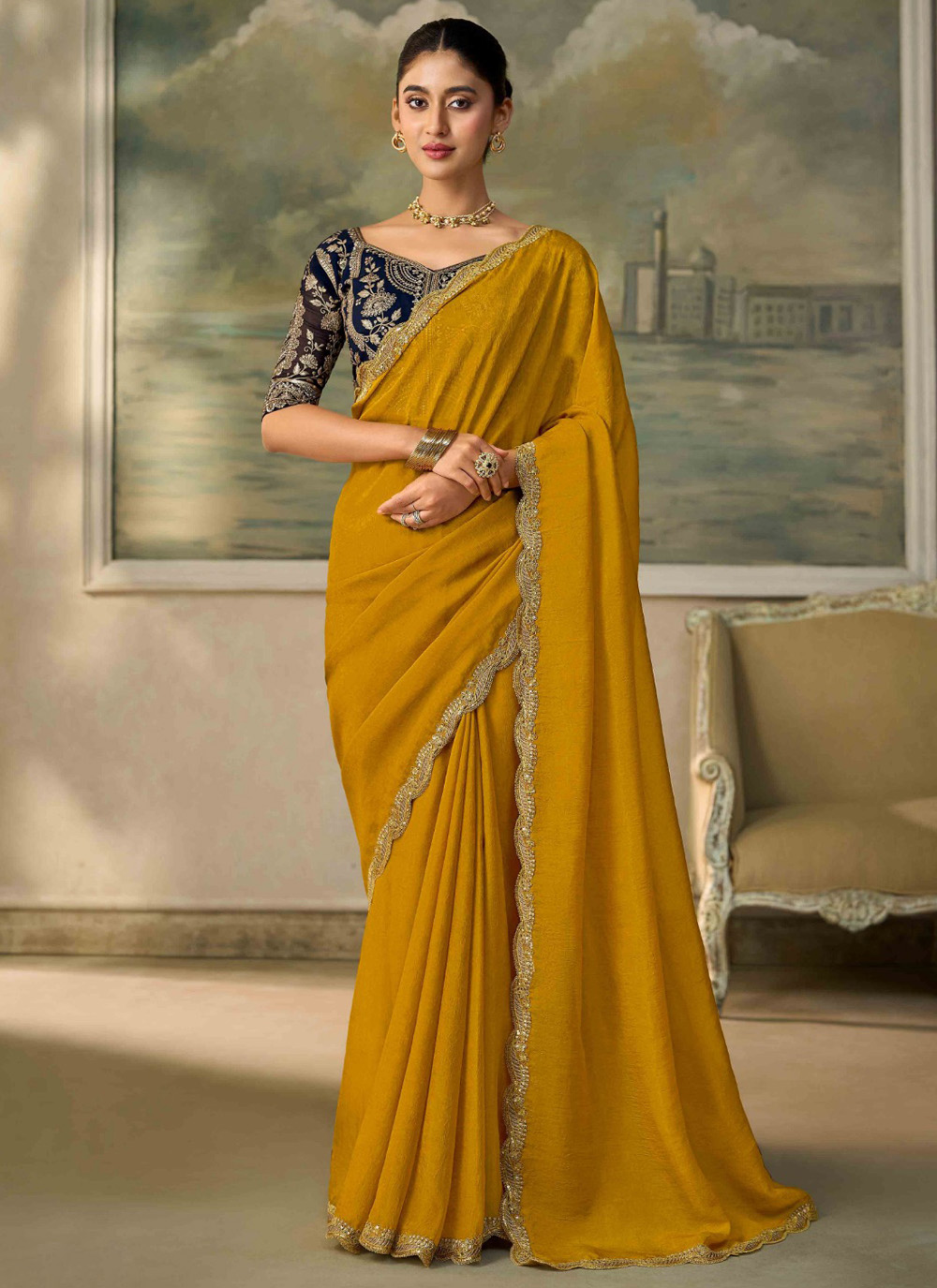 Georgette Mustard Embroidered Designer Saree for Ceremonial - Buy Online